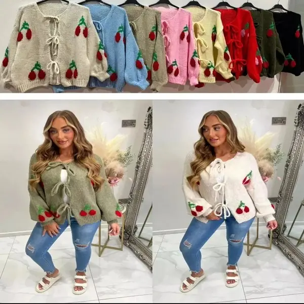 Women’s Ladies Cherry Print Tie Front Fashion Cardigan Knitted Jumper Top 8-16 Comfort Fit Knitwear Womenswear Sleeve