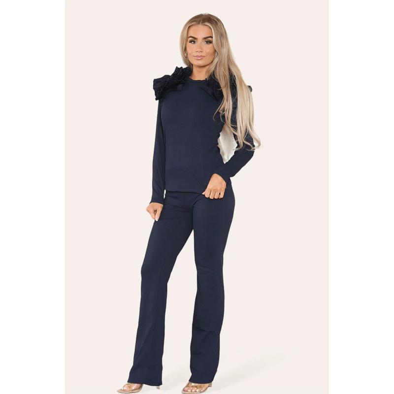 Ruffle Frill Shoulder Ribbed Loungewear Co-Ord Top & Trouser Set Womenswear Bottom Comfortable Cute 3