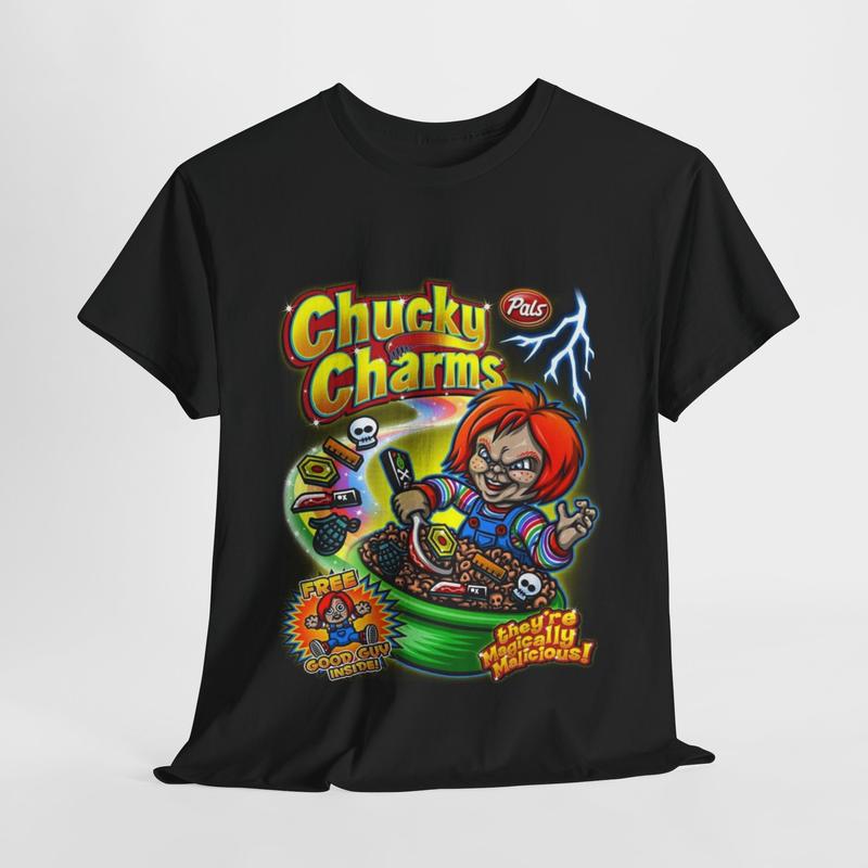 Chucky Charms Novelty Halloween T-Shirt/Tee/Top with a unique design. Unisex Casual Classic Cotton Fabric Menswear Basic Fashion Love 1