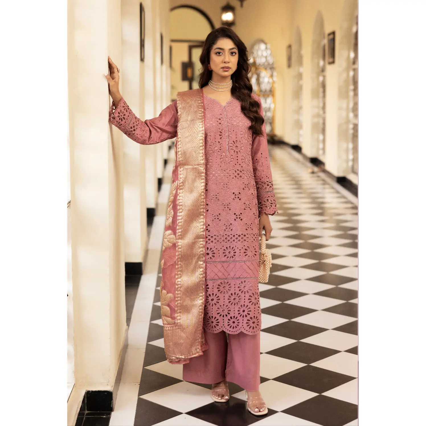 SIMRANS ‘Imagekari’ | Embroidered Linen Readymade | SM775 (Dusty Pink)