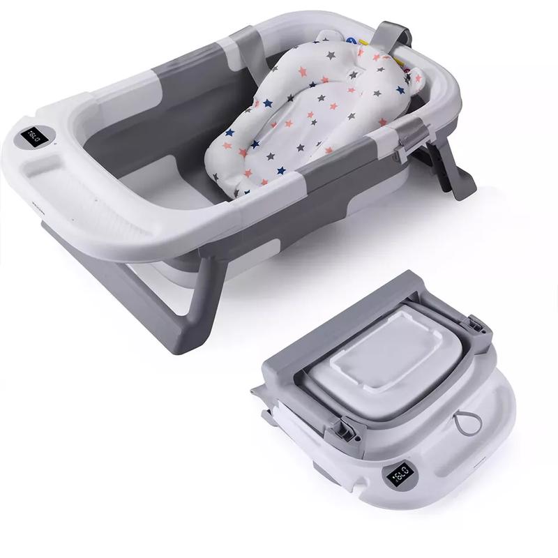 Foldable Baby Bath Tub Ergonomic with Temperature & Cushion Bath Pad + Bath Net 3