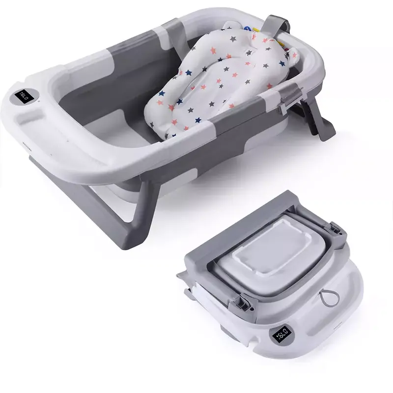 Foldable Baby Bath Tub Ergonomic with Temperature & Cushion Bath Pad + Bath Net 3