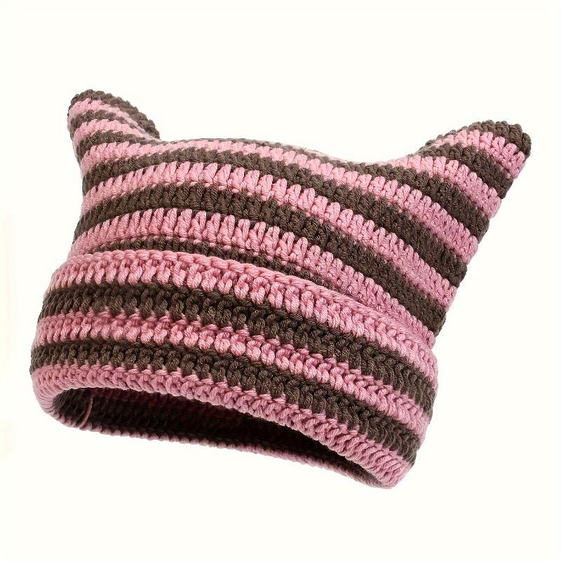 1pc Little Devil Cat Ear Pure Handmade Crochet Knitting Bean Hat, Unisex Outdoor Street Casual Fashion Hip-hop Hat, Cool Versatile Hood 8