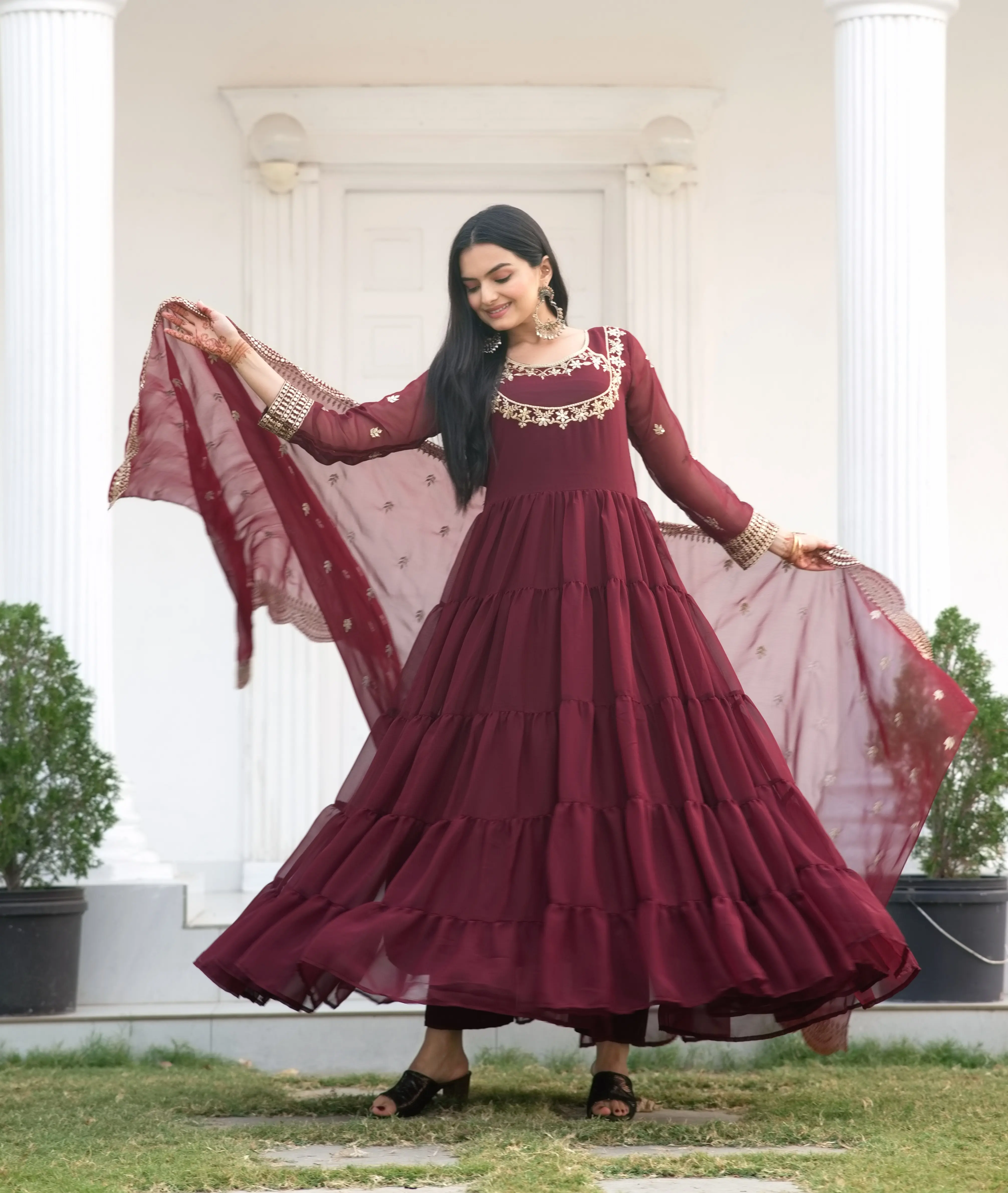 TJS Premium Designer Burgundy Embroidered Tiered Anarkali Dress for Women – Festival & Occasion Wear, Elegant Detailing with Dupatta, All Sizes Available Womenswear Formal Accessory