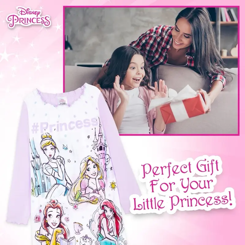 Disney Princess Girls Nightdress Long Sleeve Nighty Nightie Character Nightwear Sleepwear Pyjamas Pjs Pajamas Frill Frilly Pink Toddler Kids Childrens Night Dress Cinderella Rapunzel Ariel Belle 2 3 4 Years 3