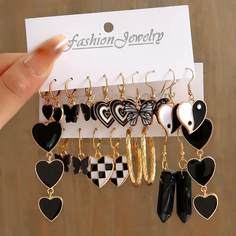 10 Pairs/ Set Hoop Earrings With Enamel Heart Butterfly Natural Stone Decor Y2K Punk Style Trendy Female Gift 2