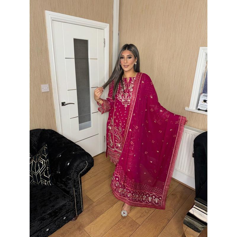 3pc SOLID PINK Embroidered Shalwar Kameez wit Net dupatta Stitched Suit Ready to wear HW-UQ2222 1