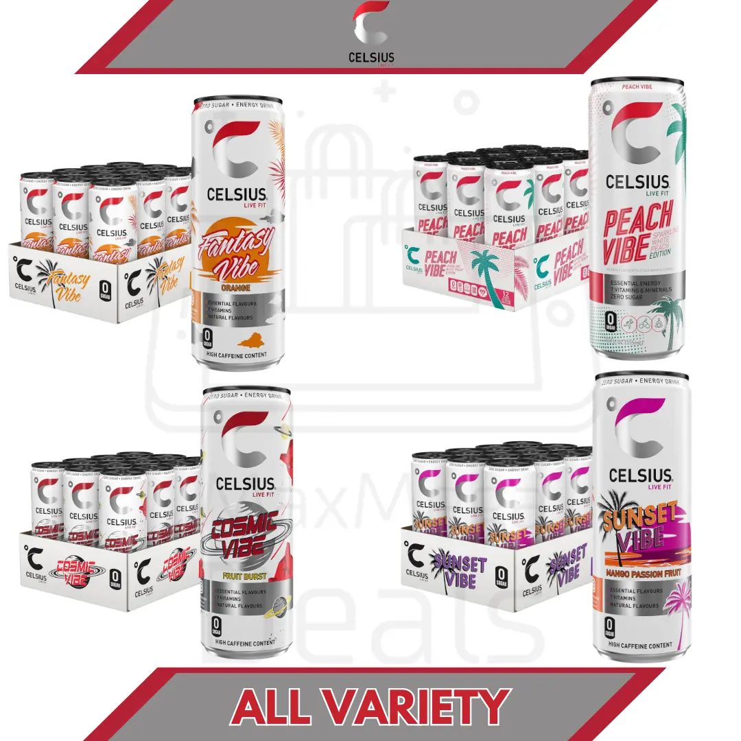 New Celcius Vibe Energy Drink All Variety 12 Or 24 X 355ML Bulk Pack Beverage Peach Vibe, Fantasy Vibe, Cosmic Vibe, Sunset Vibe