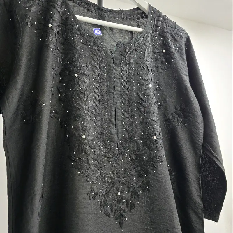 Hand Embroidered silver embellishment White Fabric Chandri Silk, 46 Inches Length women's wear 2