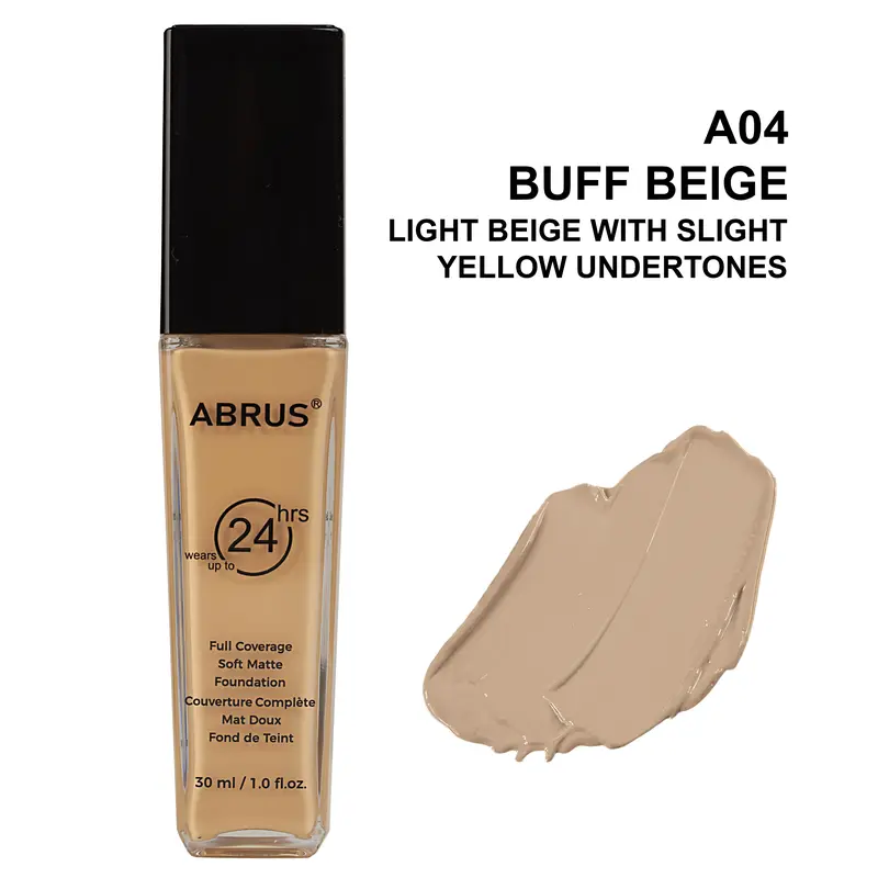 ABRUS Foundation Makeup - Flawless Matte Liquid Foundation for Full Coverage up to 24 Hours (A04 Buff Beige, 30 ml) 1