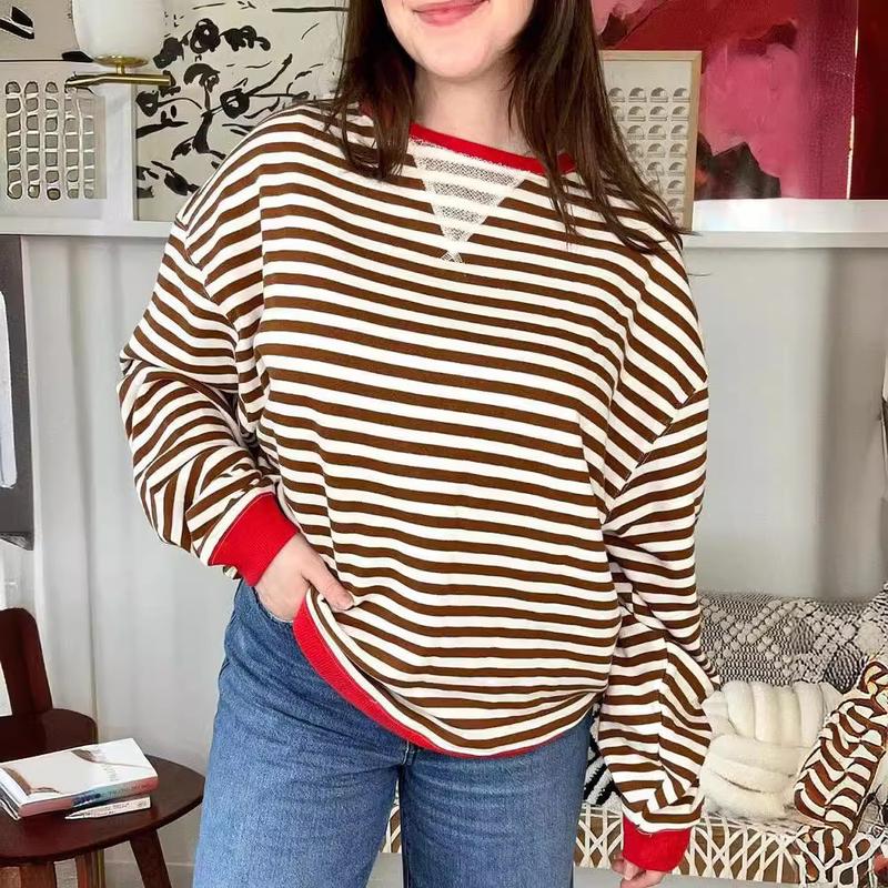 Women's Colorblock Striped Print Contrast Binding Drop Shoulder Sweatshirt, Casual Long Sleeve Round Neck Pullover for Fall & Winter, Ladies Clothes for Daily Wear, Tops for Women Womenswear Hoodie Bridal Comfort Crewneck Baggy Loose 5