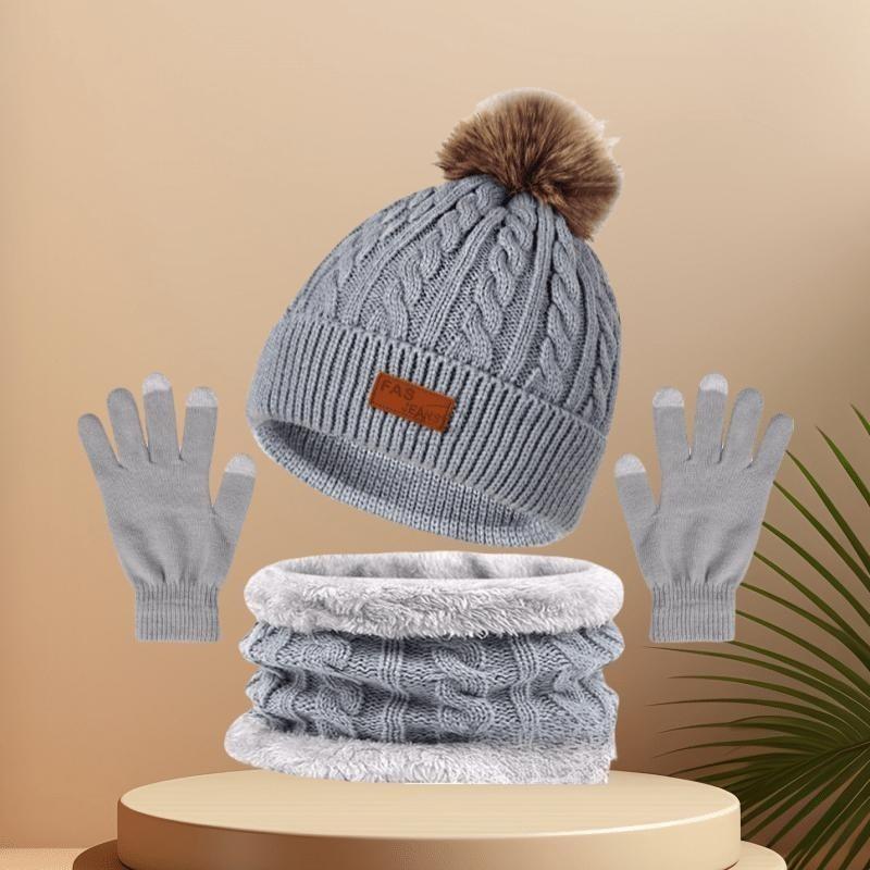 Festive Winter Knit Hat Set with Pom Pom, 3-in-1 Warmth Bundle: Thick Hat, Scarf, and Touchscreen Gloves for Ladies - Perfect for Cold Weather Outings 5