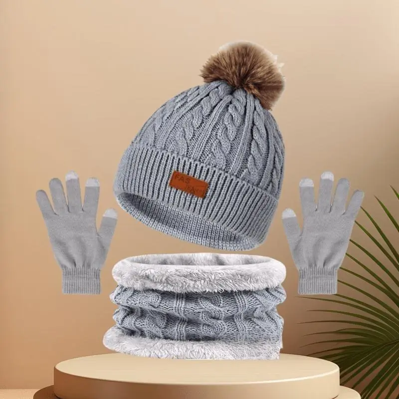 Festive Winter Knit Hat Set with Pom Pom, 3-in-1 Warmth Bundle: Thick Hat, Scarf, and Touchscreen Gloves for Ladies - Perfect for Cold Weather Outings 5