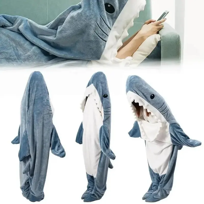 [2025]Shark Blanket Adult Cartoon Sleeping Bag Pajama Hooded Warm Flannel Funny Homewear Shark Onesie Sleeping Bag Winter Warm Blanket Loungewear Nightwear 6