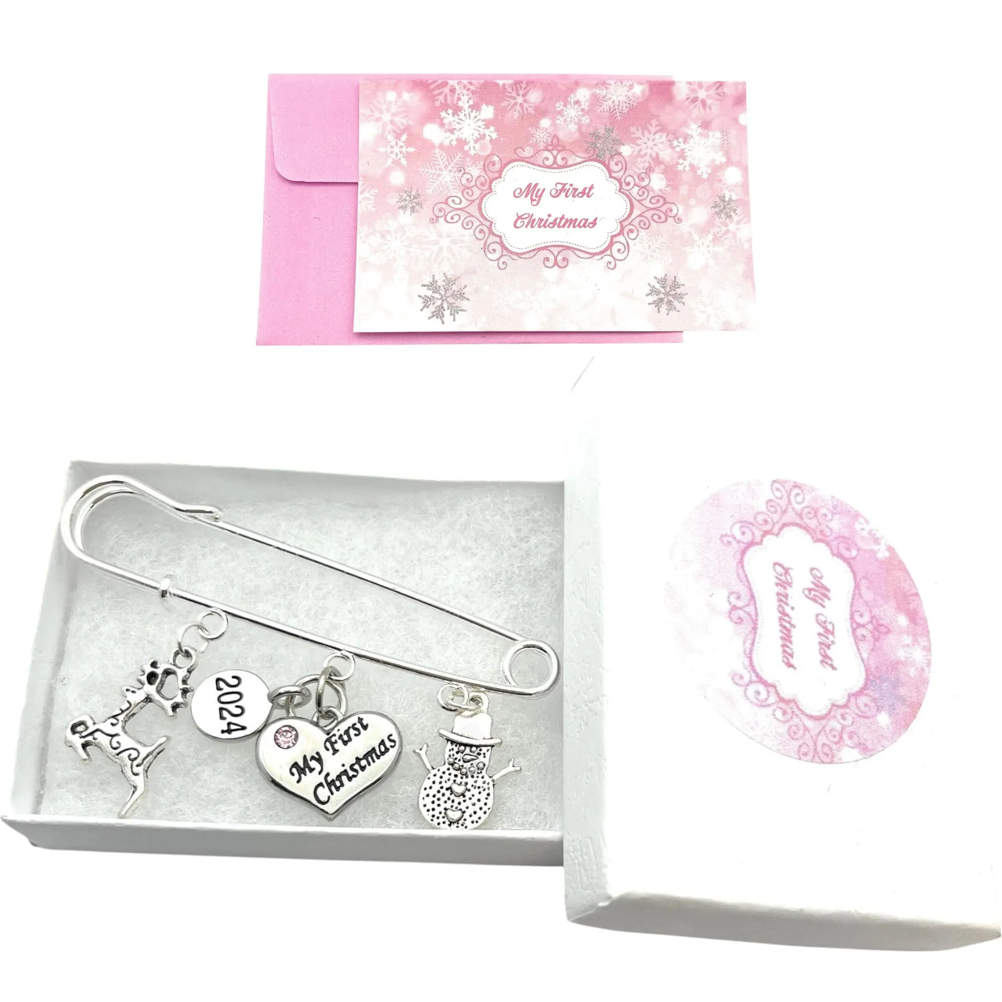 Baby Girl My First Christmas 2024 Baby Keepsake Charms with Gift Box and Gift Card - Reindeer and Snowman