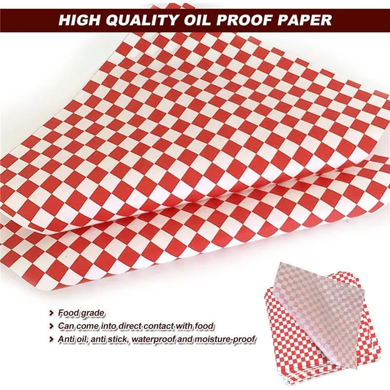 Greaseproof Paper Sheets, 100 Pcs Food Burger Wrap Paper Grease Proof Fish and Chip Burger Sandwich Wrapping Sheets Red Printed Bakeware Classic 6