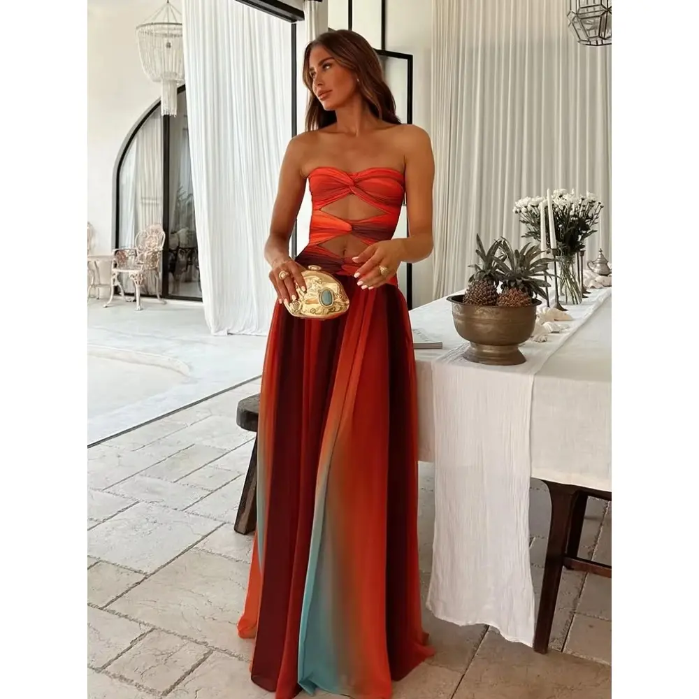 Tie-dye Gradient Hollow Out Women's Maxi Dress Elegant Off Shoulder A-line Hem Long Dresses New Summer 2025 Holiday Female Robes