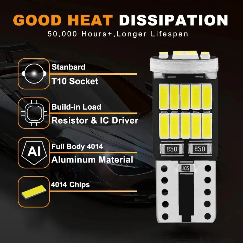MJA ONLINE LED T10 W5W 26 SMD 4014 Chip Bulbs, Decode Error-Free for Motor Vehicle Interior, License Plate Illumination, 12V Dome Reading Lamps, Hardwired, No Battery 2