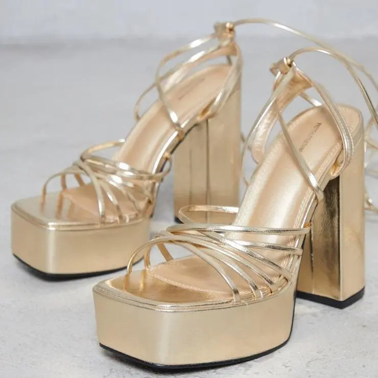Stylish Gold PU Multi Strap Lace Up Platform High Block Heeled Sandals Women Girl Footwear Comfort Summer Fashion Walking Elegant Ballroom Tactical