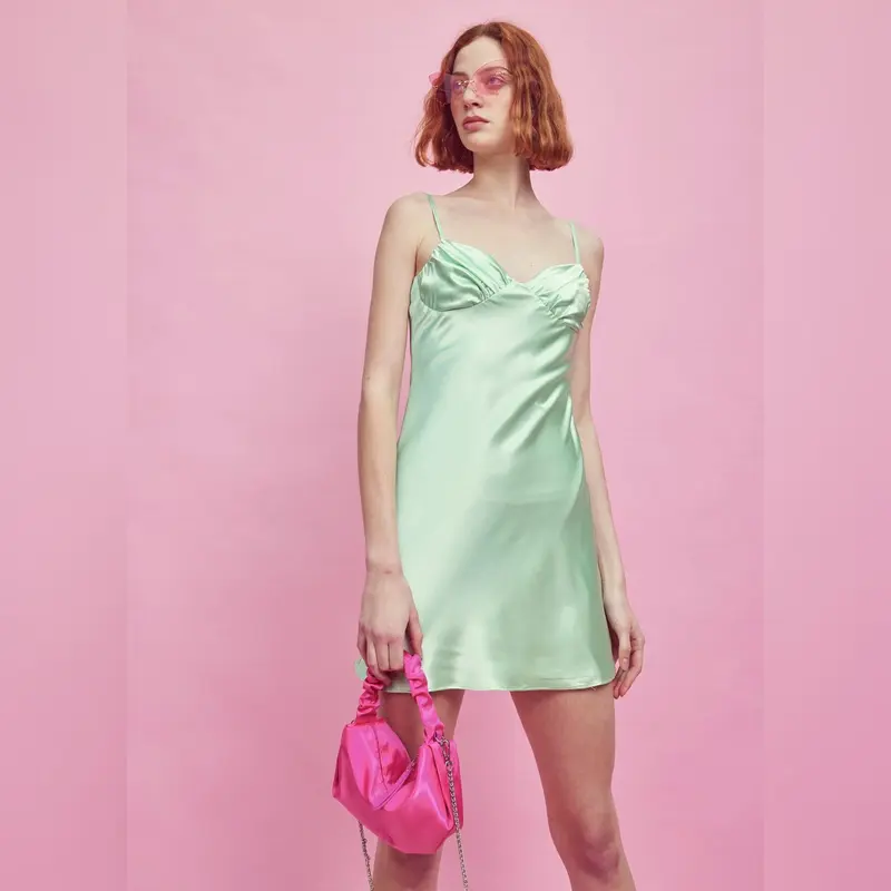 Apple-Green Strappy Satin Mini-Dress 2