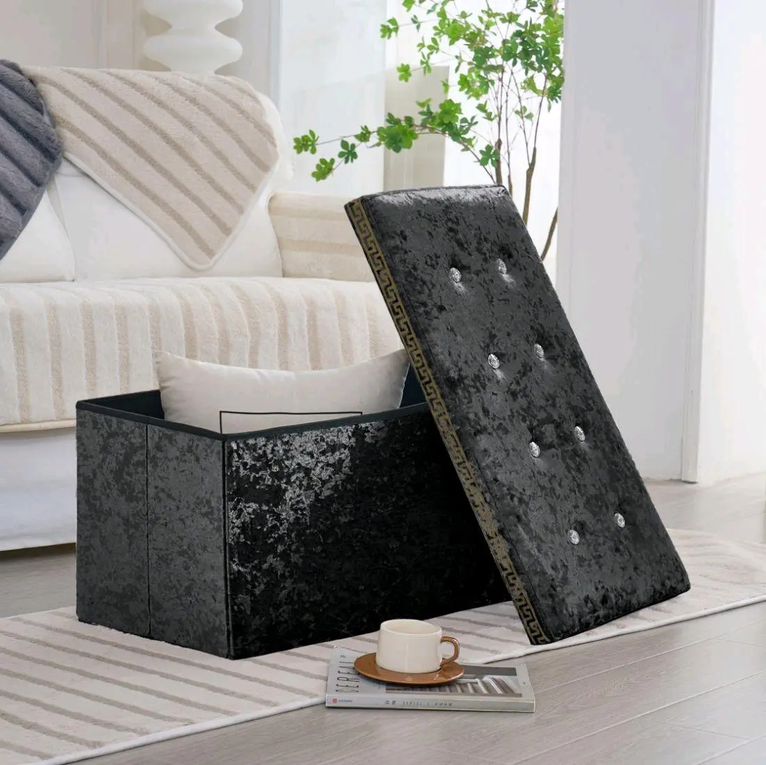 CRUSHED VELVET DOUBLE SEATER OTTOMAN STORAGE BOX 76X38X38CM Organiser CRUSHED VELVET BEST SELLER