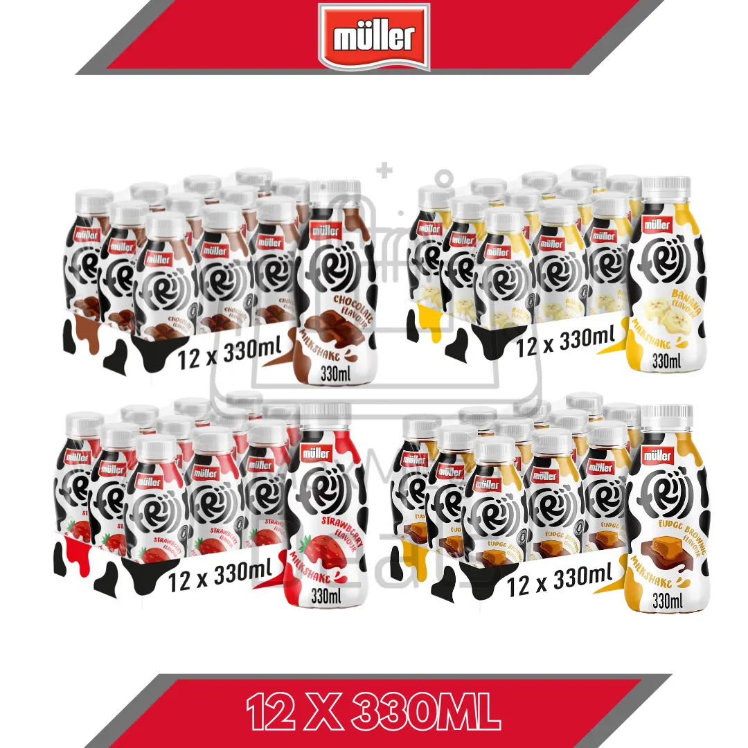 Muller Frijj Milkshake Drink 12 X 330ML Thick Shake (Source Of Protein) Bulk Pack Banana, Chocolate, Fudge, Strawberry