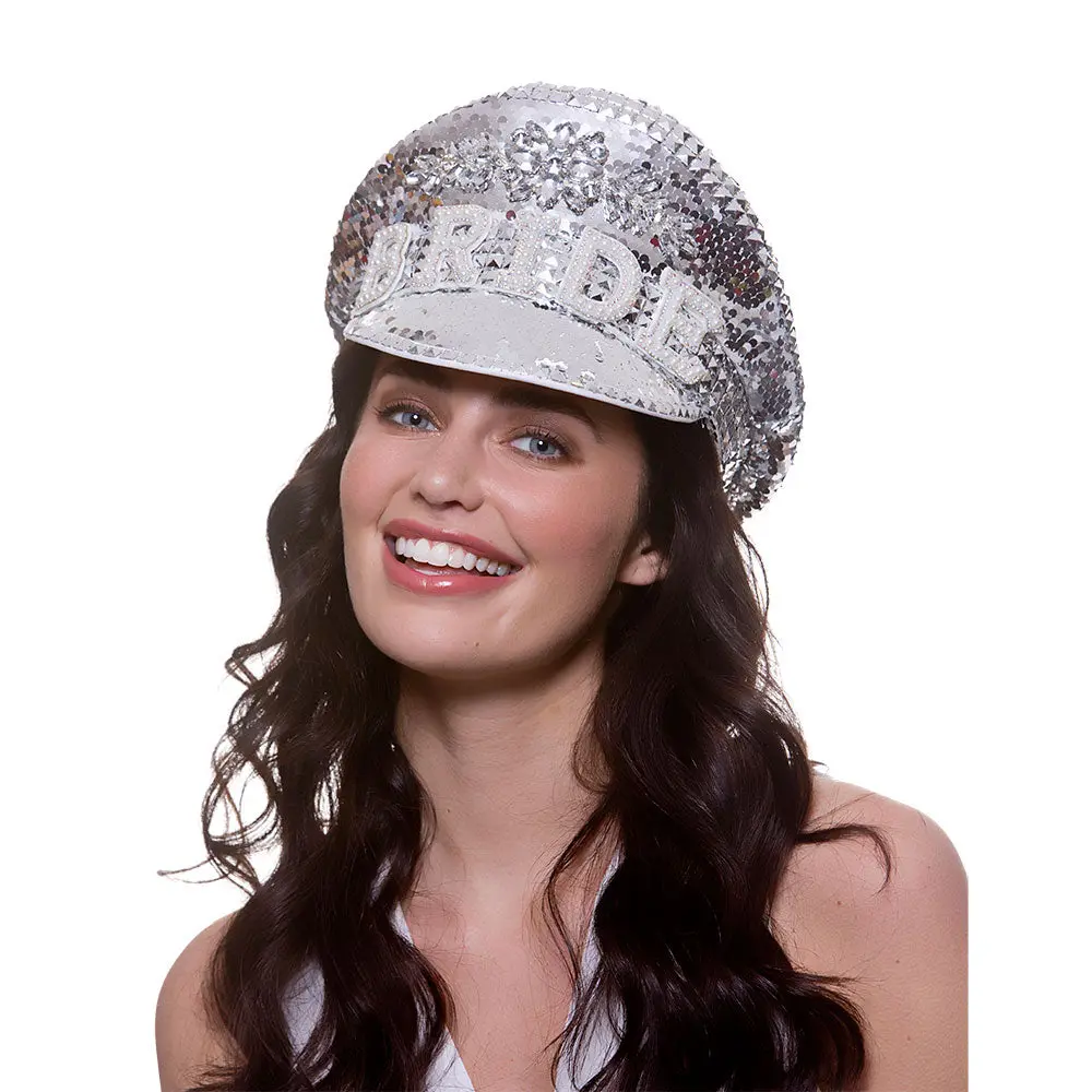 Deluxe Bride Captain Hat Ladies Silver Sequin Bride Fancy Dress Hen Party Hat