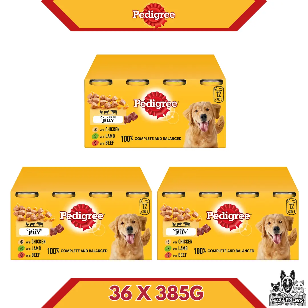 Pedigree Mixed Wet Adult Dog Food Mixed In Jelly | Chicken X 6, Lamb X 3 & Beef X 3 (12x385G) Available In 12,24 & 36 Pack