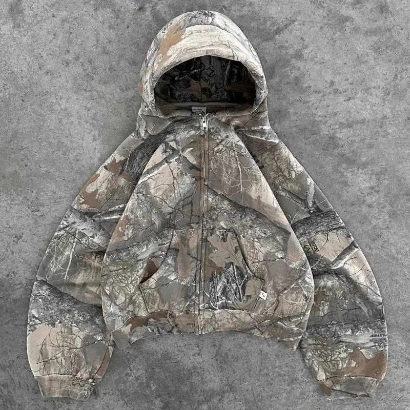 Retro zip up Hoodie Men Camouflage Pattern zipper Sweatshirt High Street Hip Hop Streetwear Oversized Unisex Camo Hoodie Menswear Tops