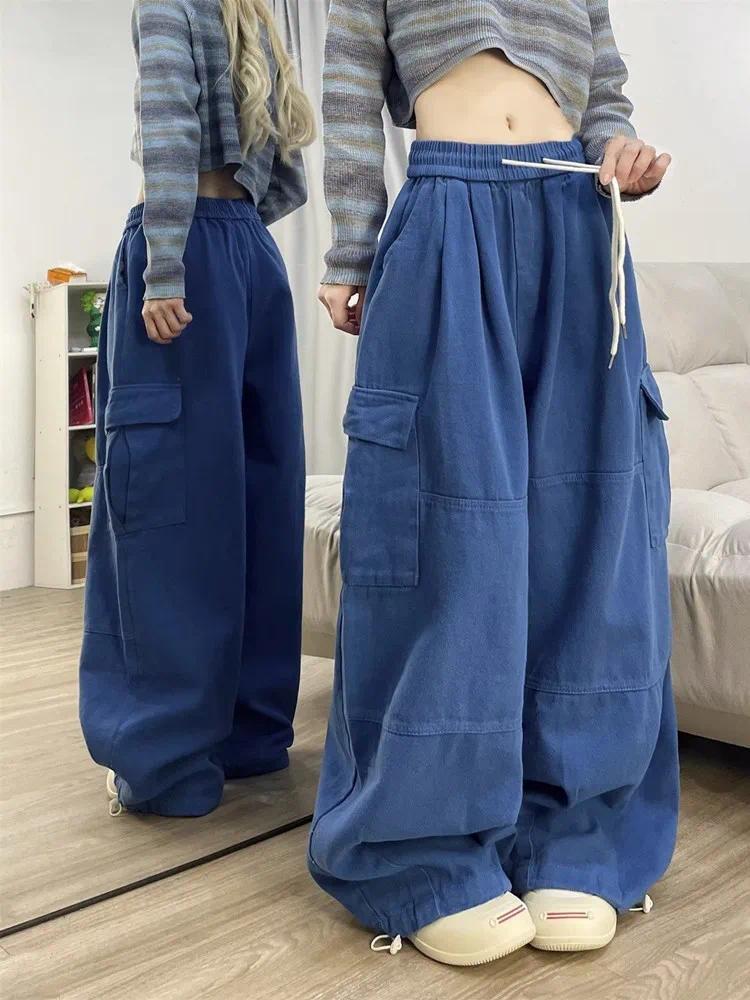 Product Introduction of 2024 Korean Y2K Fashion Drawstring Casual Baggy Cargo Jeans Pants Women Clothing Straight Wide Leg Sweatpants Female Trousers 6