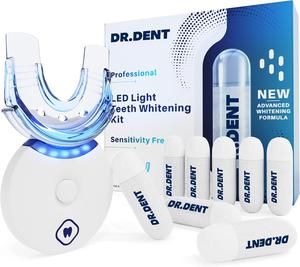 DRDENT Professional LED Teeth Whitening Kit - Sensitivity Free Formula - 8 Teeth Whitening Gel Pods 33.6ml - includes Mouth Tray & Shade Guide - Rapid & Effective Results best before 08/28