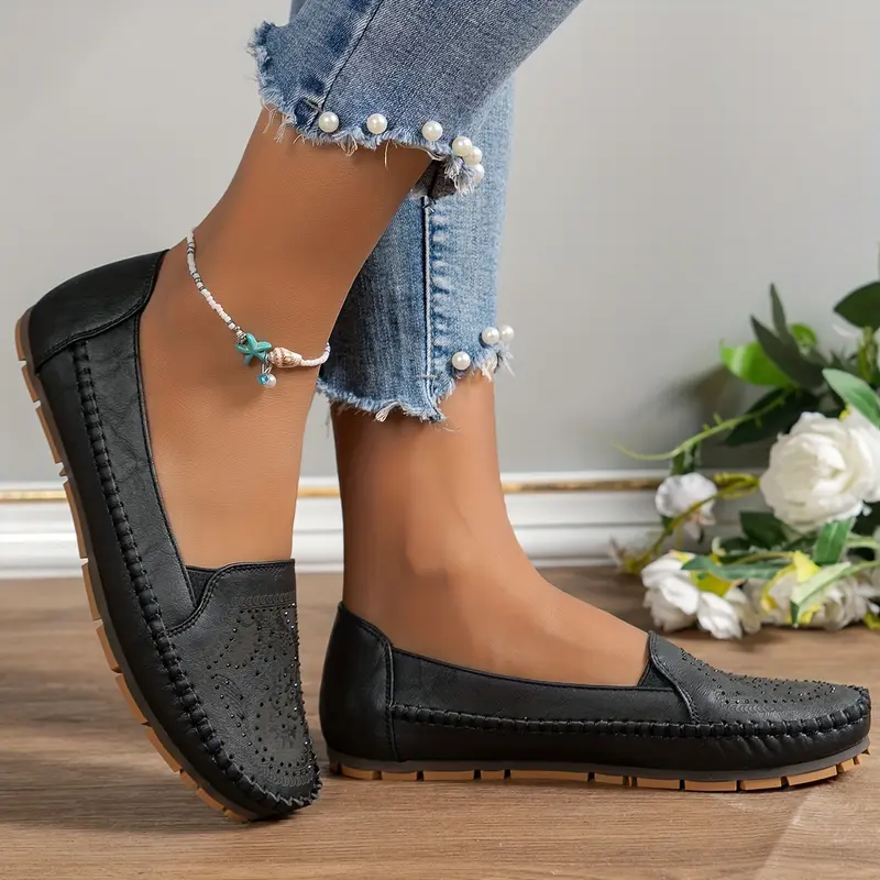 Elegant Plus-Size Women's Slip-On Flats with Rhinestone Floral Embellishments - Breathable PU Cover, Round Toe Design, Comfortable TPR Sole - Versatile All-Season Footwear, Ladies Shoes 2