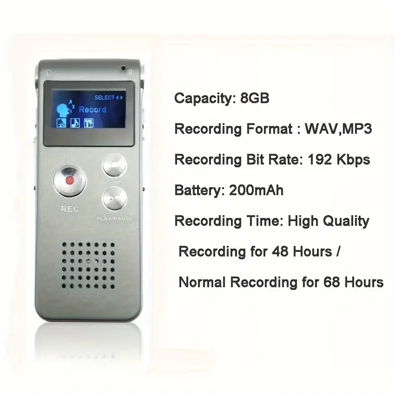 Multifunctional Rechargeable 8GB 650HR Digital Audio Voice Recorder MP3 Player 5