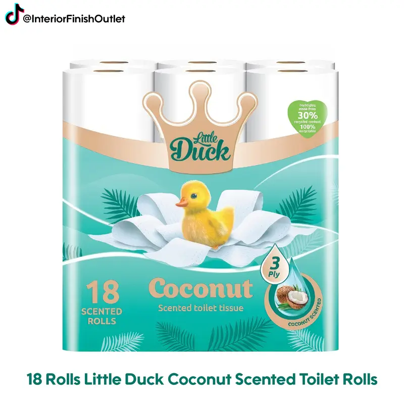 18 Rolls Little Duck Coconut Scented Quilted Bathroom Tissue - 3-Ply Luxury Toilet Paper - Soft, Strong, & Sustainable- Made in the UK 0