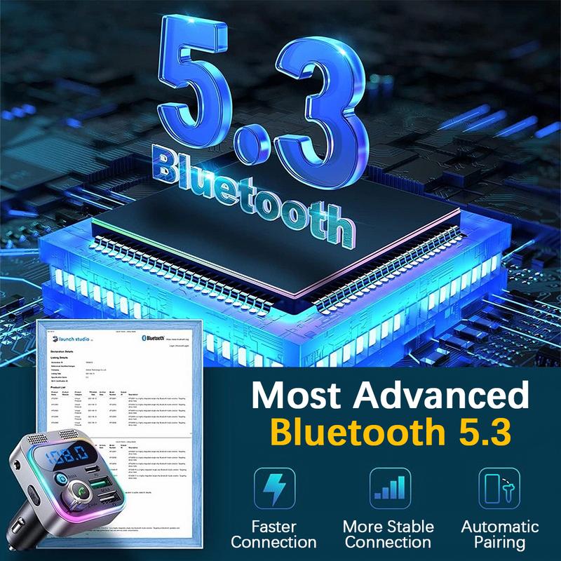 FM Transmitter for Car,Bluetooth 5.3 [Stronger Dual Mics & HiFi Deep Bass Sound] , 48W PD&QC3.0 Bluetooth Car Adapter, Hands-Free Calling, Larger LED, AUX Output & U Disk 9