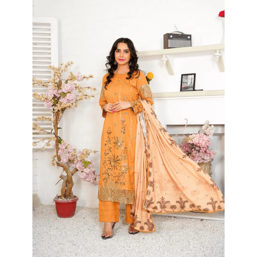 |MB-05| – Designer 3-Piece Cotton Set with Heavy Embroidered Dupatta in Mustard By Poshak Designer