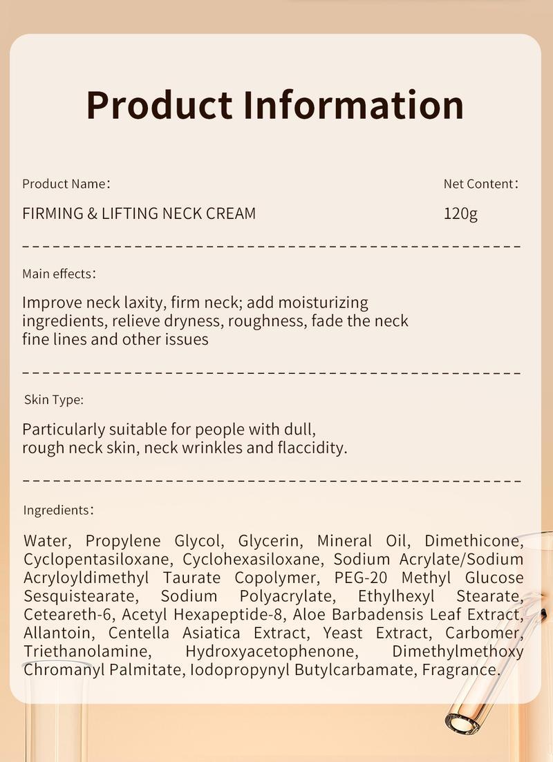 Product Introduction of Neck Firming Cream, Tighten and Lift Neck Cream for Crepey Skin, Skin Moisturizer, Deep Moisturizing, Cruelty free Neck Care Body Care Tightening 10