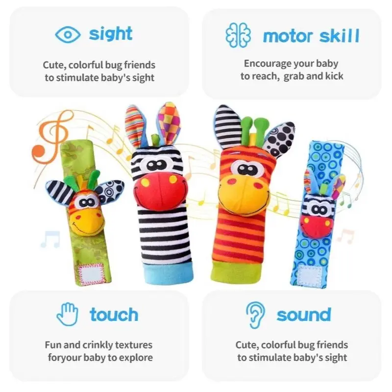 Mother’s Baby Rattles 4 in 1 Set for 0-12 Month, Sensory Breathable Fabric With Rattle, Lovely For Travel/Home Cute Hand and Foot Socks Rattle Toys, Cute Gift 4