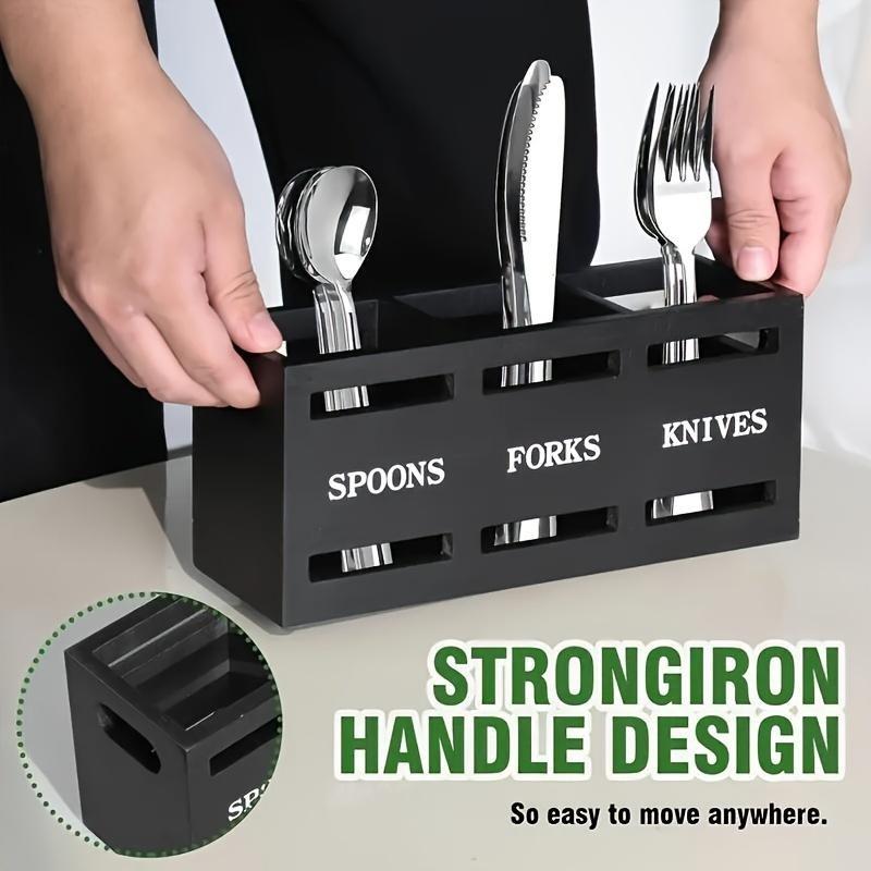 Rustic Wooden Kitchen Utensil Holder with Sturdy Iron Handle - 3-Compartment Organizer for Spoons, Forks, Knives - Perfect for Home & Restaurant Storage Kitchen Knives Knife 1