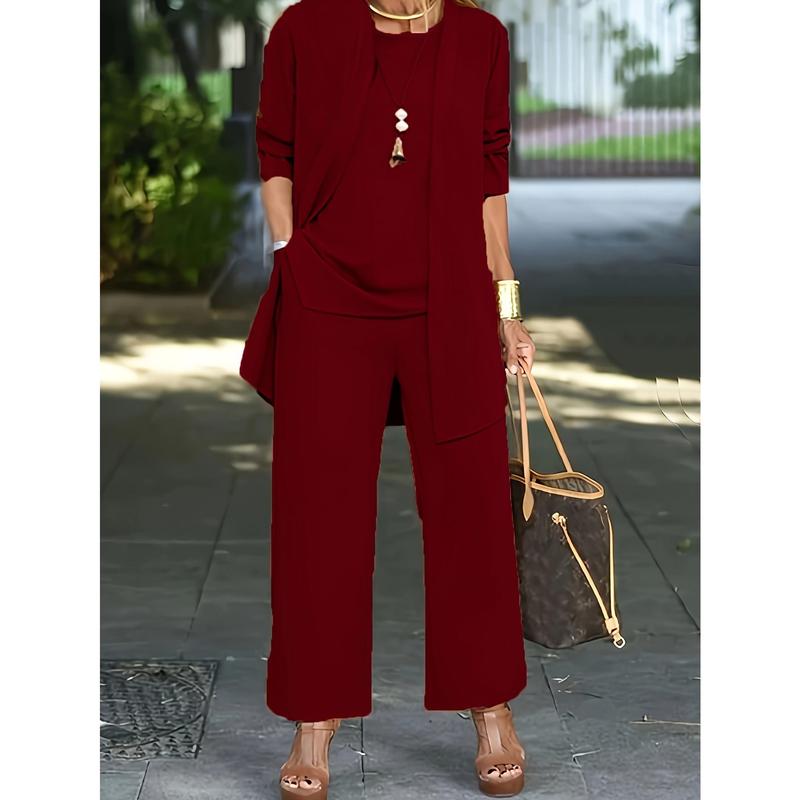 Casual Three-piece Solid Set, Long Sleeve Cardigan & Top & Long Pants Outfits, Women's Clothing 1