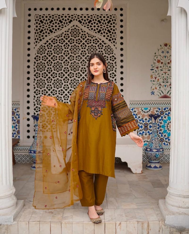 Product Introduction of 3-Piece Embroidered Khaddi Cotton Suit with Sindhi-Inspired Design. Comfort Matching 7
