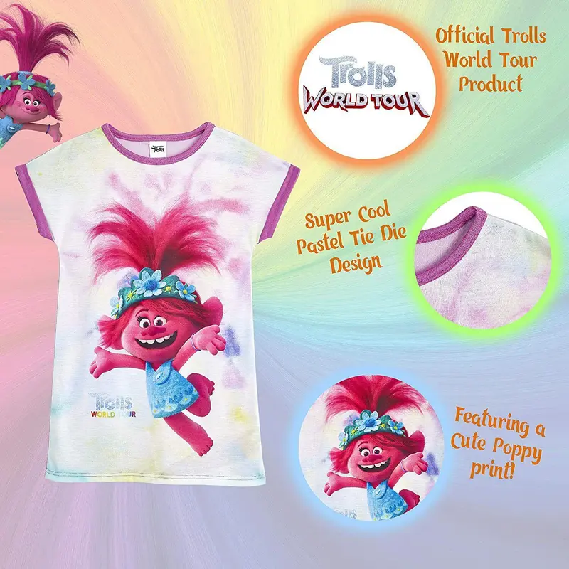 Trolls Nighty Nightdress Poppy Nightwear Pyjamas Pjs Nightie Girls World Tour Night Bed Dress Nightwear Sleepwear Short Sleeve Purple Pink Lilac Tie Dye 1