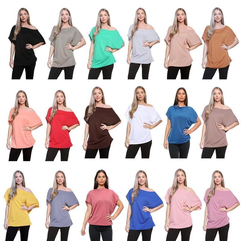 New Womens Off Shoulder Plain Oversized Slash Neck Baggy Tee T-Shirt Top Comfortable Fit Sleeve Summer Womenswear Casual 0