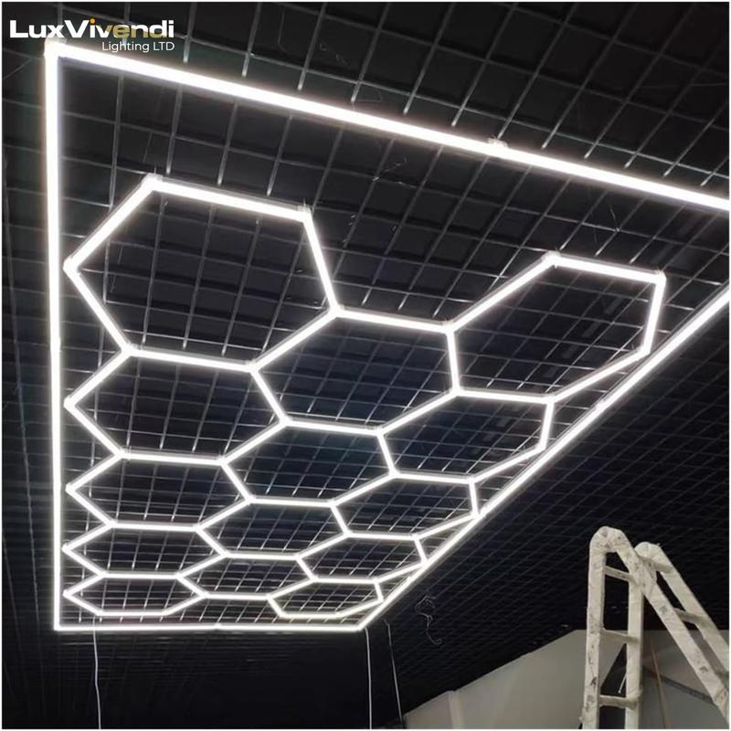 LuxVivend-Hexagon garage Light 6500K 680W 14grid Workshop Autoshop with White Border for Gym Garage Basement Warehouse Car Detailing Shop 1