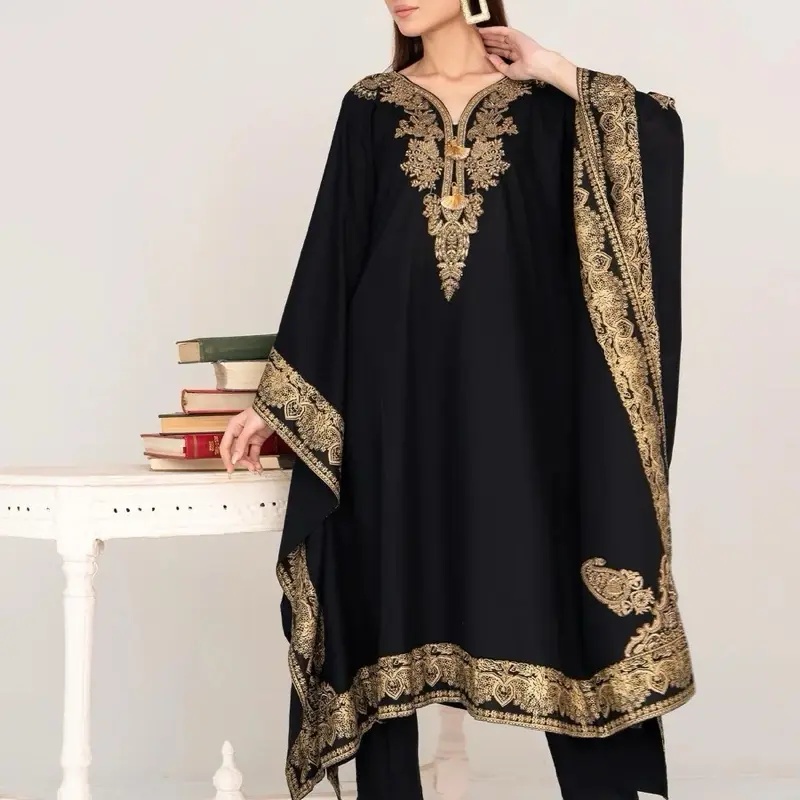 *EID DELIVERY *Black Gold Kaftan  Embroidered Block Printing Kaftan only beautiful linen material Womenswear