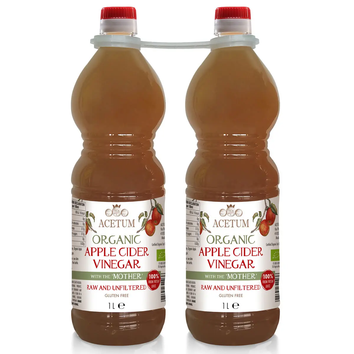 Acetum Organic Apple Cider Vinegar, 2 x 1L Made Using Fresh Apple Juice Never From Concentrate, Raw & Unfiltered. With the Mother