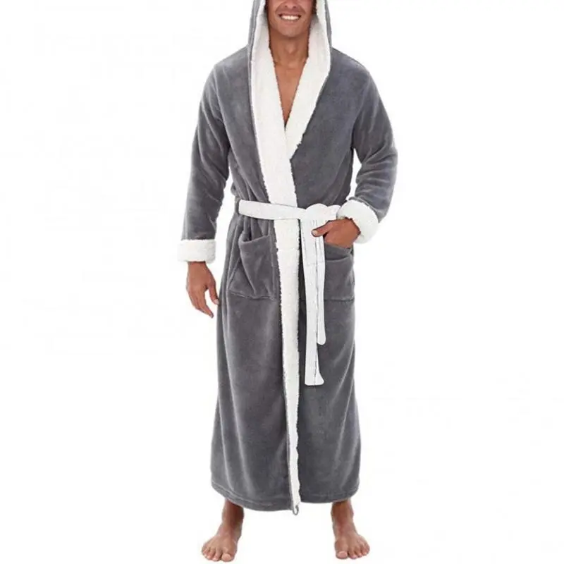 Pockets Sleepwear Soft Men Coral Fleece Color Block Long Bath Robe Home Gown Sleepwear Menswear Loungewear