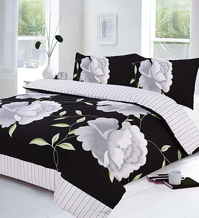 Rosaleen Floral Duvet Cover Sets with Pillowcases Flowery Pattern, Black Yellow Red Teal Fuchsia Chocolate Lilac Duvet Set - Single Double King Super King Bed Sizes IK 2