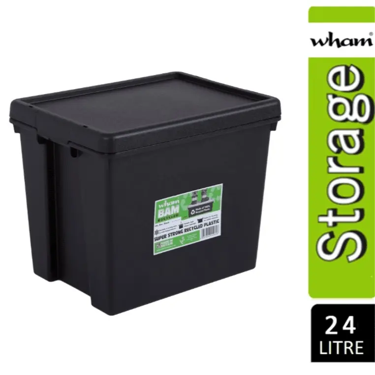 Wham Bam 24 Litre Heavy Duty Recycled Storage Box with Black Lid - Stackable Container Organiser Plastic