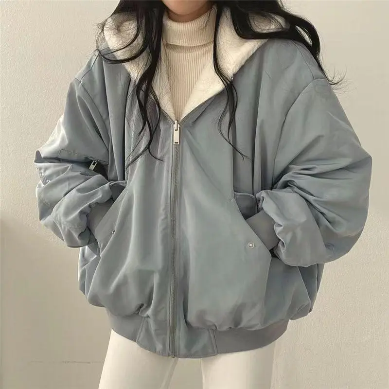 Double Sided Jacket Women Oversize Hooded Coats Female Winter Warm Thickened Jackets Ladies Vintage Cashmere Fluffy Outerwears Womenswear Tops
